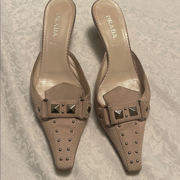 Prada Taupe Studded Slip-On Heels - Picture 1 of 5